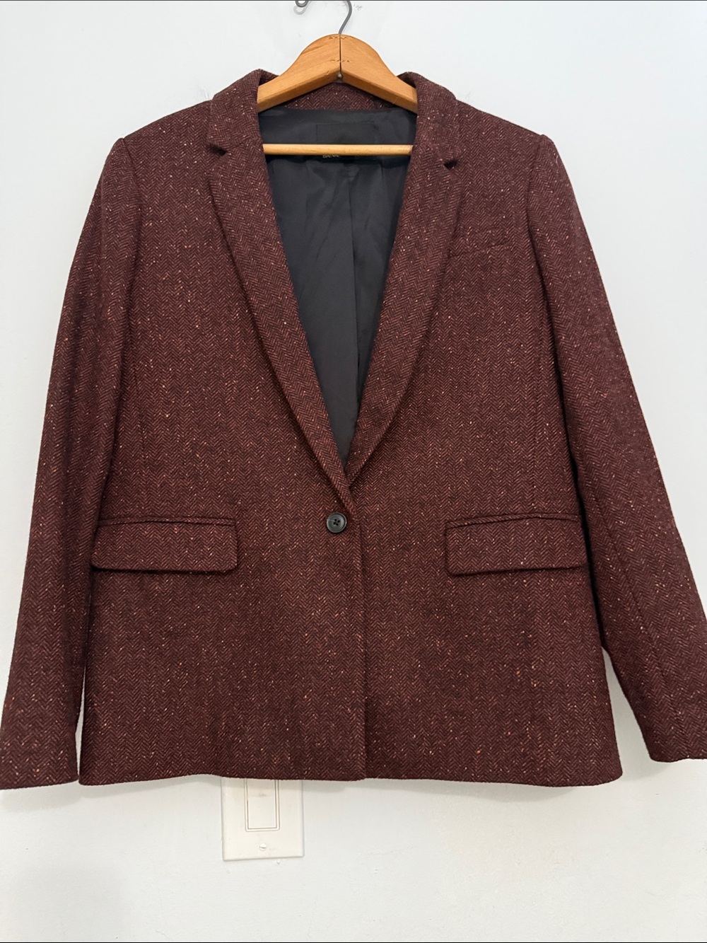 Banana Republic Burgundy/Maroon Tweed Herringbone Single-Button Classic Blazer